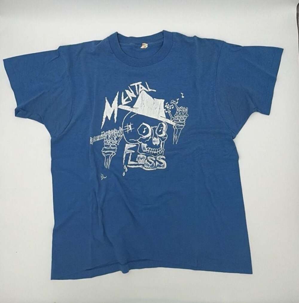 Vintage Mental Floss Skull Graphic T-Shirt Size L Blue Single Stitch